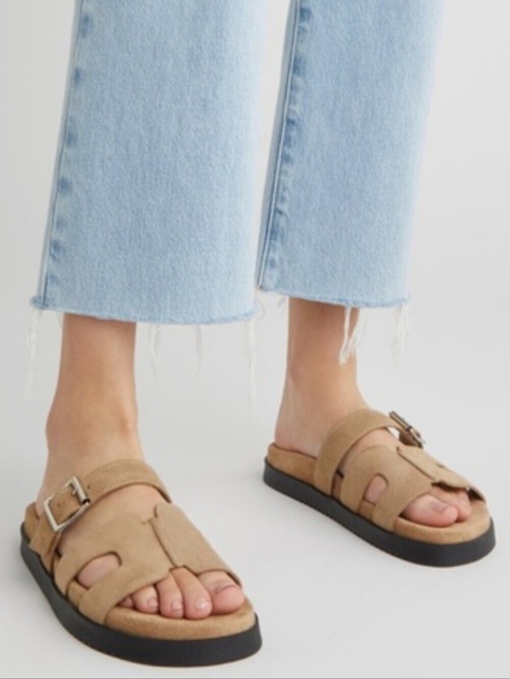 Steve Madden Mayhem Suede Open-Toe Slide Buckle H Sandals in Tan